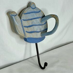Decorative Wooden Blue Striped Teapot Wall Plaque with Metal Hook. 9" Tall